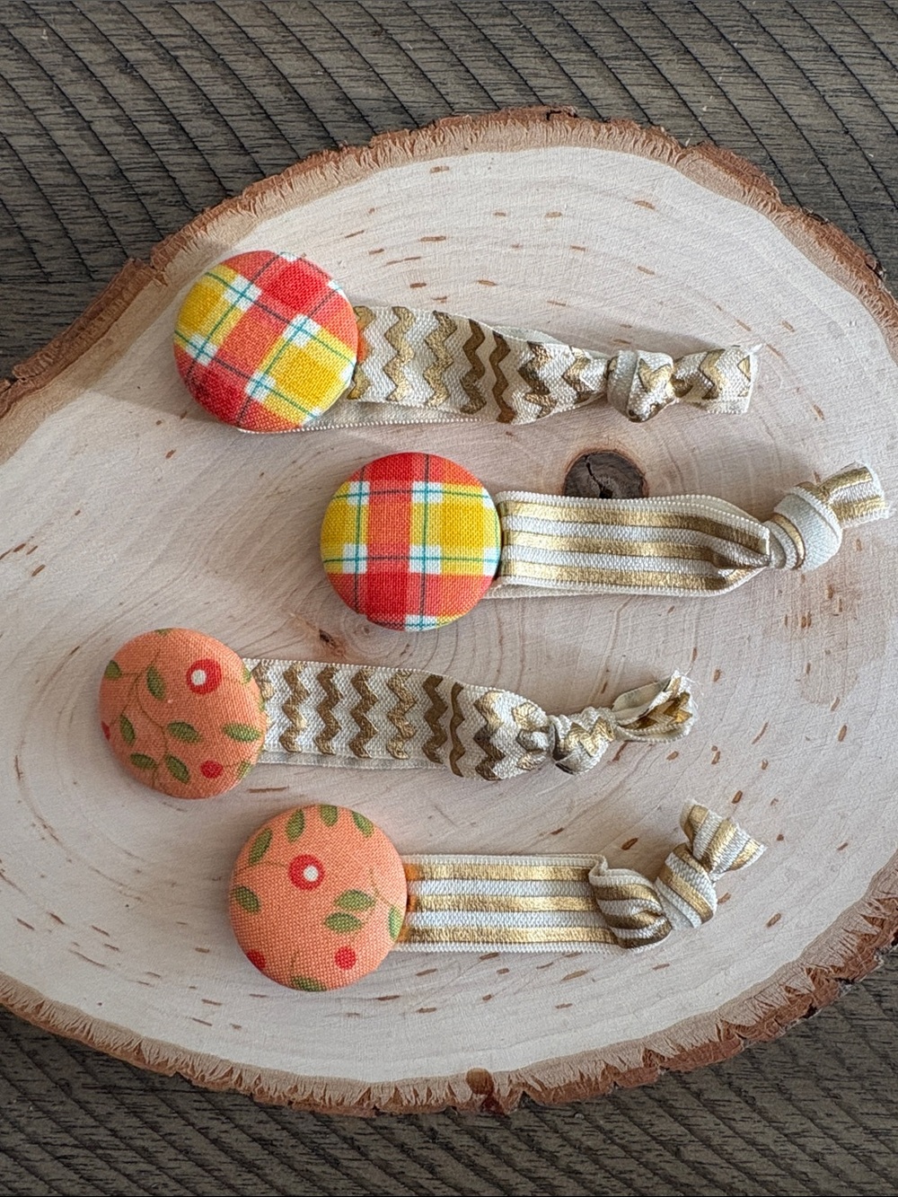 Handmade Kids Hair Ties - Yellow Plaid & Peach Floral Buttons
